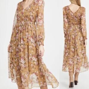 OPT Floral Mustard Yellow Sheer Smocked Maxi Dress {YY4}